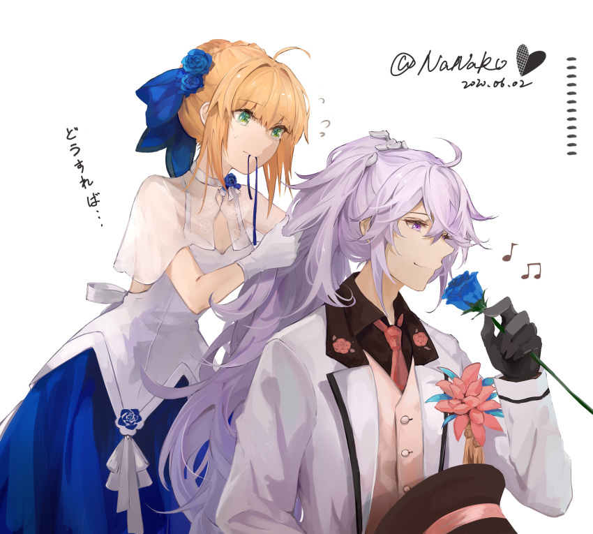 1boy 1girl adjusting_hair ahoge alternate_costume artist_name artoria_pendragon_(all) bangs bare_shoulders beamed_eighth_notes beige_vest black_gloves black_shirt blonde_hair blue_bow blue_dress blue_flower blue_ribbon blue_skirt bow braid buttons capelet choker commentary_request dated dress eighth_note english_commentary fate/grand_order fate/stay_night fate_(series) floral_print flower flower_knot flying_sweatdrops french_braid gloves green_eyes hair_between_eyes hair_bow hair_flower hair_ornament hair_ribbon hairdressing half-closed_eyes hat headwear_removed heart highres jacket layered_clothing light_purple_hair long_hair long_sleeves merlin_(fate) mouth_hold musical_note nanako_(user_zcmj5835) necktie red_neckwear ribbon ribbon_in_mouth rose_print saber sheer_clothes shirt short_hair sidelocks skirt smelling_flower suit_jacket sweatdrop top_hat tying_hair very_long_hair violet_eyes white_background white_choker white_dress white_gloves white_jacket wing_collar