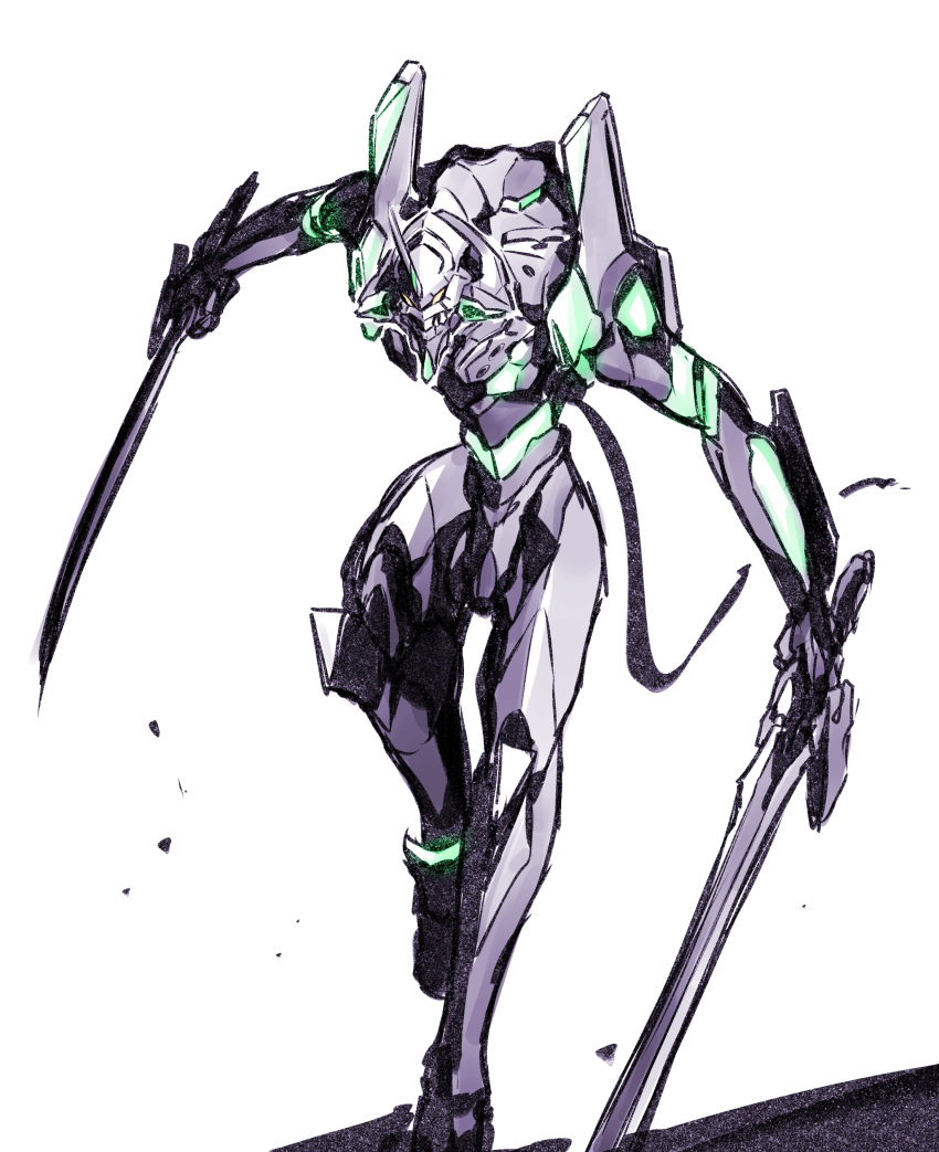 absurdres dual_wielding eva_01 highres holding holding_sword holding_weapon horns ishiyumi mecha neon_genesis_evangelion no_humans science_fiction shadow single_horn solo sword weapon white_background yellow_eyes
