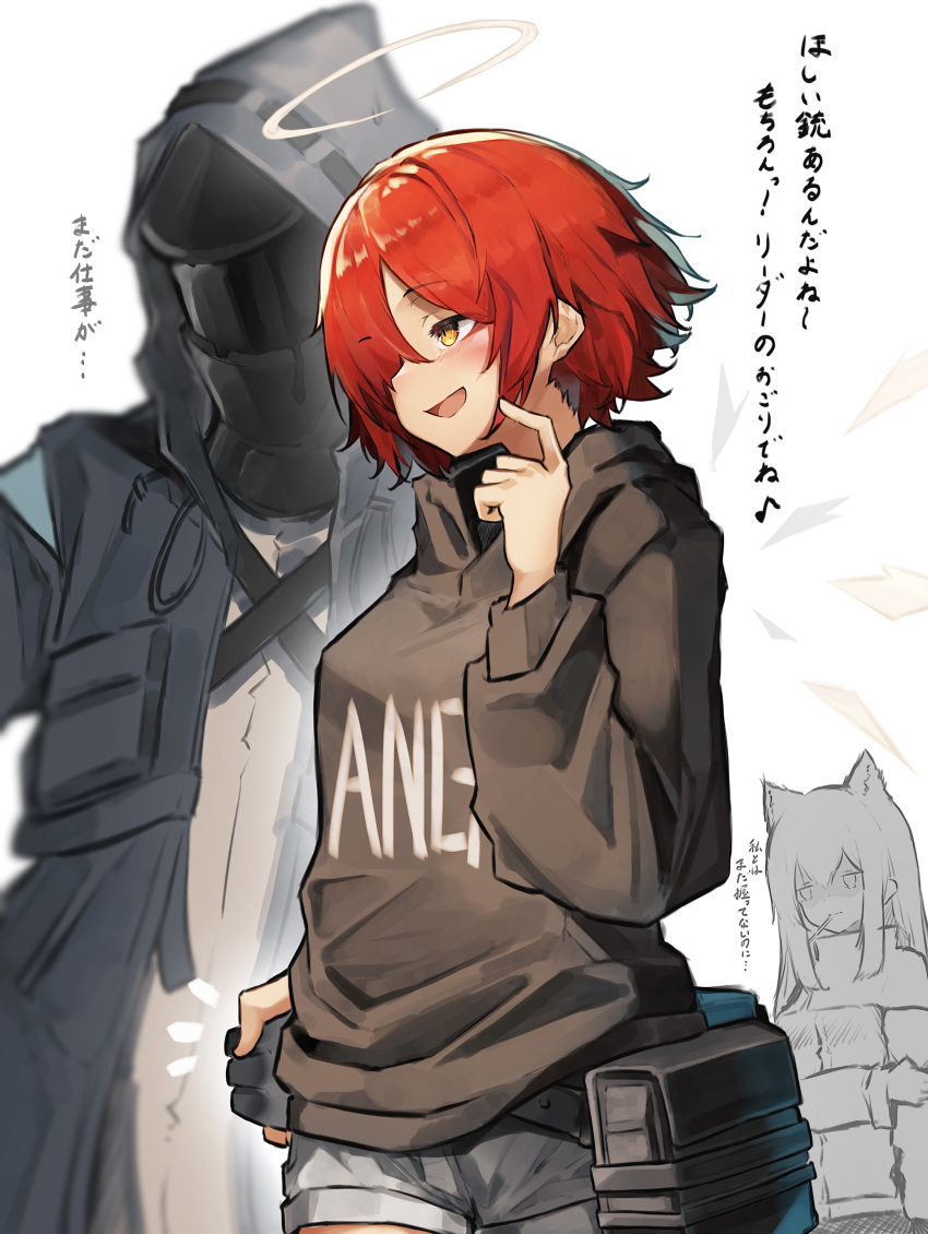 1boy 2girls absurdres arknights black_hoodie black_shirt clothes_writing commentary_request exusiai_(arknights) eyebrows_visible_through_hair hair_over_one_eye halo hand_up highres holding_hands hood hoodie long_sleeves multiple_girls redhead shirt short_hair short_shorts shorts simple_background tab_head texas_(arknights) translation_request white_background white_shorts yellow_eyes