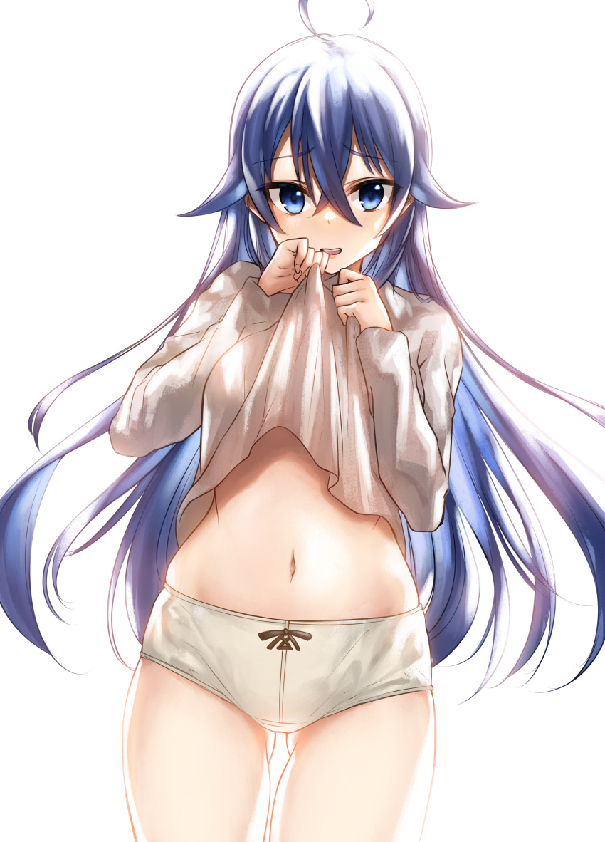 1girl absurdres ahoge akky_(akimi1127) bangs blue_eyes blue_hair crossed_bangs eyebrows_visible_through_hair hair_between_eyes hair_down highres lifted_by_self long_hair long_sleeves looking_at_viewer mushoku_tensei navel open_mouth panties roxy_migurdia shirt shirt_lift simple_background solo stomach thigh_gap thighs underwear white_background white_panties white_shirt