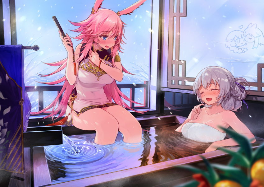 2girls absurdres amana_(pocketkey) animal_ears armlet bare_shoulders bathing bathrobe bathtub blue_eyes blush breasts china_dress chinese_clothes cleavage_cutout clothing_cutout collarbone covered_navel dress eyebrows_visible_through_hair fan folding_fan gold_trim grey_hair hair_ornament highres holding holding_fan honkai_(series) honkai_impact_3rd in_water kallen_kaslana large_breasts legs long_hair multiple_girls open_mouth pink_hair rabbit_ears reflection sitting smile snow snowing tied_hair water wet yae_sakura