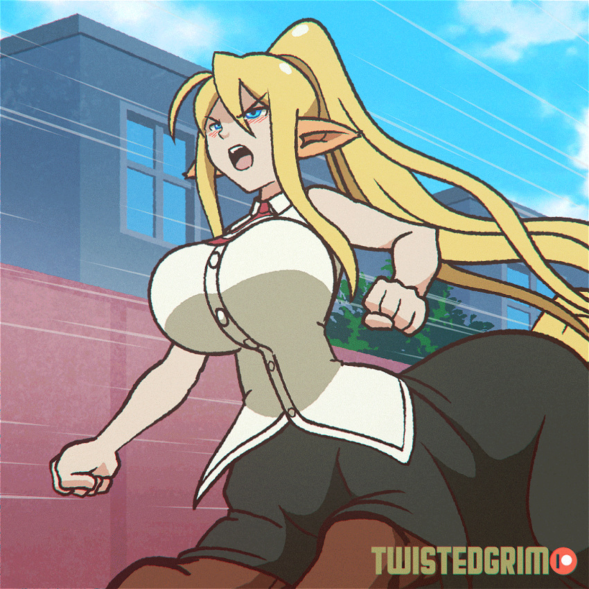 1girl animal_ears animated animated_gif artist_name blonde_hair blue_eyes blush bouncing_breasts breasts building centaur centorea_shianus horse_ears horse_tail huge_breasts long_hair long_ponytail mizu_wolf monster_girl monster_musume_no_iru_nichijou open_mouth outdoors running solo tail twistedgrim very_long_hair