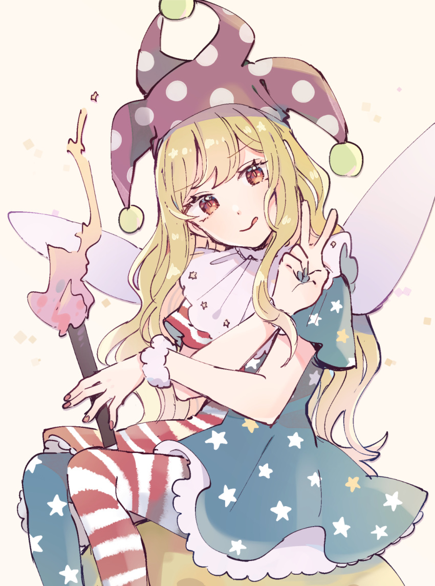 1girl :q blonde_hair blue_nails clownpiece commentary_request highres holding holding_torch long_hair looking_at_viewer mozukuzu_(manukedori) nail_polish red_eyes solo tongue tongue_out torch touhou v very_long_hair