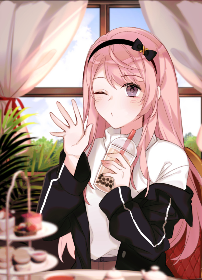 1boy black_jacket blurry bow bubble_tea bush chair clouds cup curtains day depth_of_field dessert disposable_cup fern fingernails food hair_bow hairband hand_up highres holding holding_cup holostars indoors jacket long_hair looking_at_viewer nail_polish off_shoulder one_eye_closed otoko_no_ko pink_hair pink_nails sitting solo sweater table tana_(tanabio) teapot tiered_tray tsukishita_kaoru turtleneck turtleneck_sweater very_long_hair violet_eyes virtual_youtuber waving white_sweater window