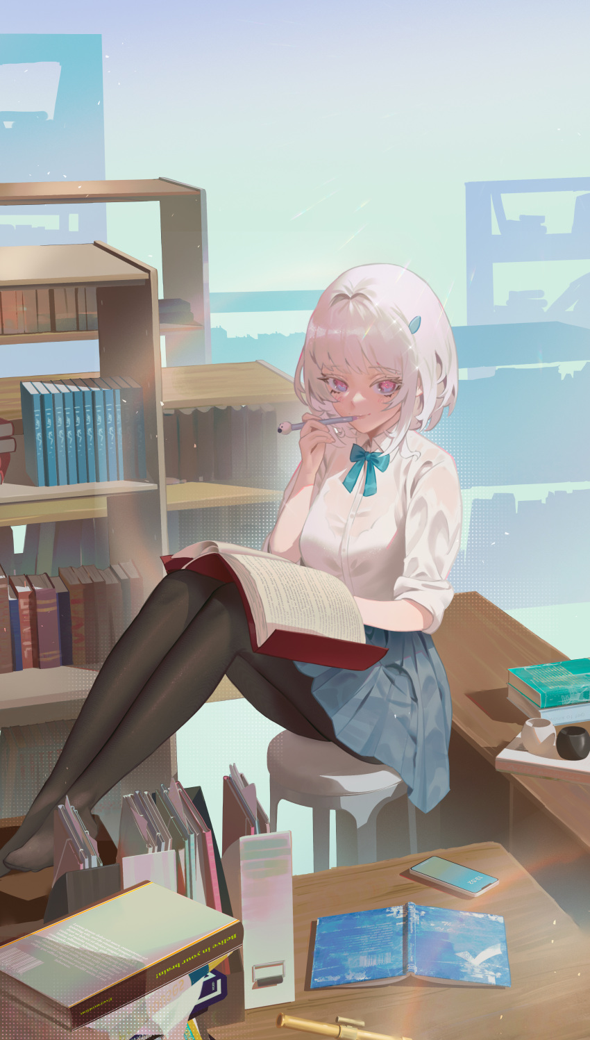 1girl absurdres black_legwear blue_ribbon blue_skirt blush book bookshelf borrowed_character cellphone cirilla collared_shirt colored_eyelashes desk eyelashes full_body hair_ornament highres holding holding_book holding_pen indoors knees_up nacchan_(ohisashiburi) neck_ribbon no_shoes original pantyhose pen pen_to_mouth phone pink_eyes pleated_skirt reading ribbon school_uniform shirt short_hair sitting skirt smartphone solo white_hair white_shirt