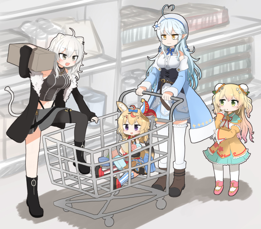 animal_ears blonde_hair blue_hair child elf fox_ears fox_girl full_body highres holofive hololive lion_ears lion_girl lion_tail momosuzu_nene omaru_polka pointy_ears shishiro_botan shopping shopping_cart silver_hair supermarket tail tonton_(tonz159) virtual_youtuber younger yukihana_lamy