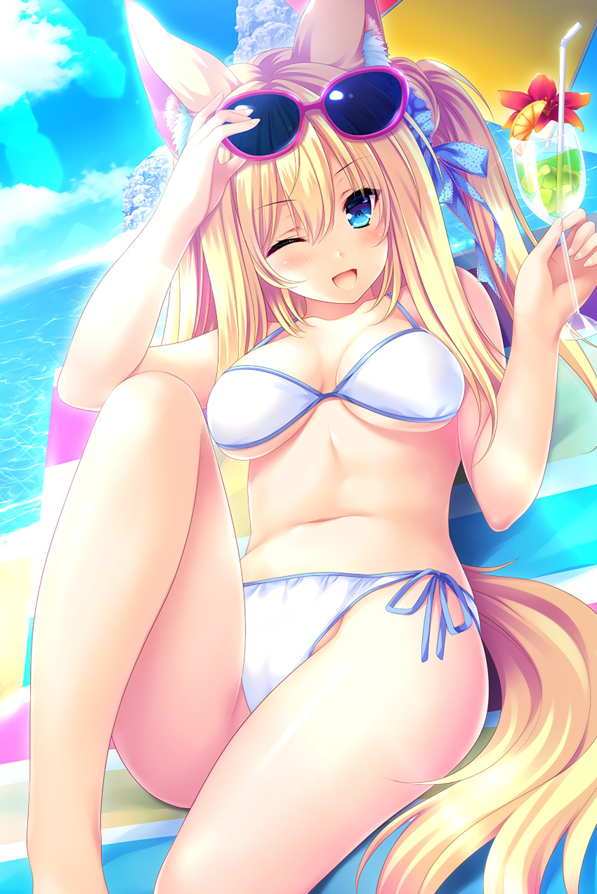 1girl absurdres animal_ear_fluff animal_ears bangs bare_arms bare_legs beach beach_chair beach_umbrella bikini blonde_hair blue_eyes breasts cliff cup day drinking_straw dutch_angle eyebrows_visible_through_hair flower food fruit hair_ribbon highres holding holding_cup lens_flare looking_at_viewer lump_of_sugar medium_breasts moekibara_fumitake navel ocean one_eye_closed orange orange_slice outdoors ribbon sitting solo sophia_kugel_westlinn swimsuit tail thighs twintails umbrella under_boob white_bikini