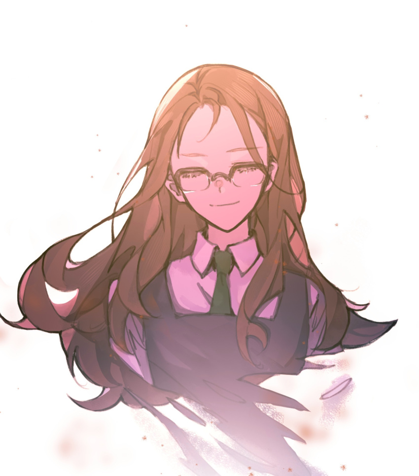 1girl brown_hair closed_eyes dissolving facing_viewer glasses green_neckwear highres hua_yao long_hair nagase_koito necktie school_uniform simple_background solo upper_body white_background wonder_egg_priority