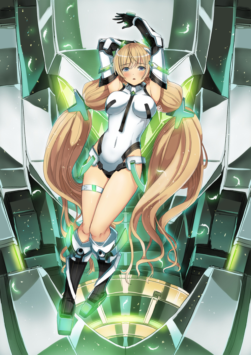 absurdres angela_balzac bangs black_footwear black_gloves blue_eyes blush boots breasts deva_battle_suit eyebrows_visible_through_hair garimpeiro gloves glowing highres leotard long_hair looking_at_viewer mecha medium_breasts new_arhan open_mouth pilot_suit rakuen_tsuihou science_fiction skin_tight thigh_strap twintails very_long_hair visor