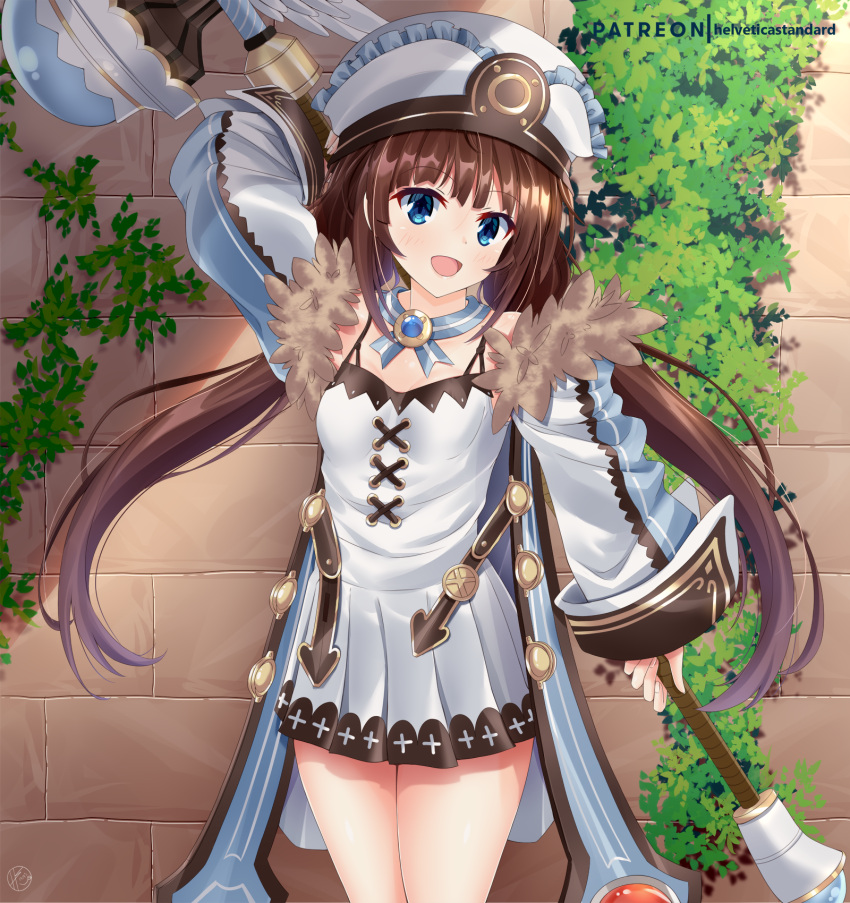 1girl :d arm_up artist_name blanc blanc_(cosplay) blue_eyes breasts brick_wall brown_hair cosplay detached_sleeves dress helvetica_std highres hinatsuru_ai long_hair long_sleeves looking_at_viewer low_twintails neptune_(series) open_mouth outdoors ryuuou_no_oshigoto! small_breasts smile standing twintails very_long_hair watermark white_dress white_headwear wide_sleeves