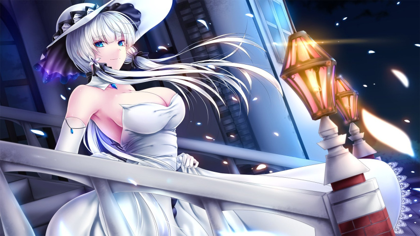 1girl akeyama_kitsune azur_lane bangs blue_eyes breasts collarbone commentary day dress elbow_gloves gloves hair_ribbon hat highres illustrious_(azur_lane) jewelry large_breasts long_hair looking_at_viewer low_ponytail mole mole_under_eye outdoors ponytail ribbon sidelocks sky sun_hat tress_ribbon white_dress white_gloves white_hair