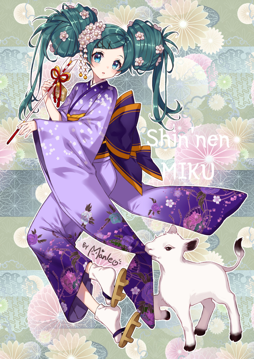 1girl animal arrow_(projectile) artist_name bangs bell blue_eyes blush brown_footwear character_name commentary_request double_bun ema floral_background floral_print flower full_body geta goat green_hair hair_flower hair_ornament hamaya hatsune_miku highres holding holding_arrow japanese_clothes jingle_bell kimono long_sleeves looking_at_viewer manle obi parted_lips print_kimono purple_kimono romaji_text sash signature sleeves_past_wrists socks solo swept_bangs tabi vocaloid white_flower white_legwear wide_sleeves x_hair_ornament