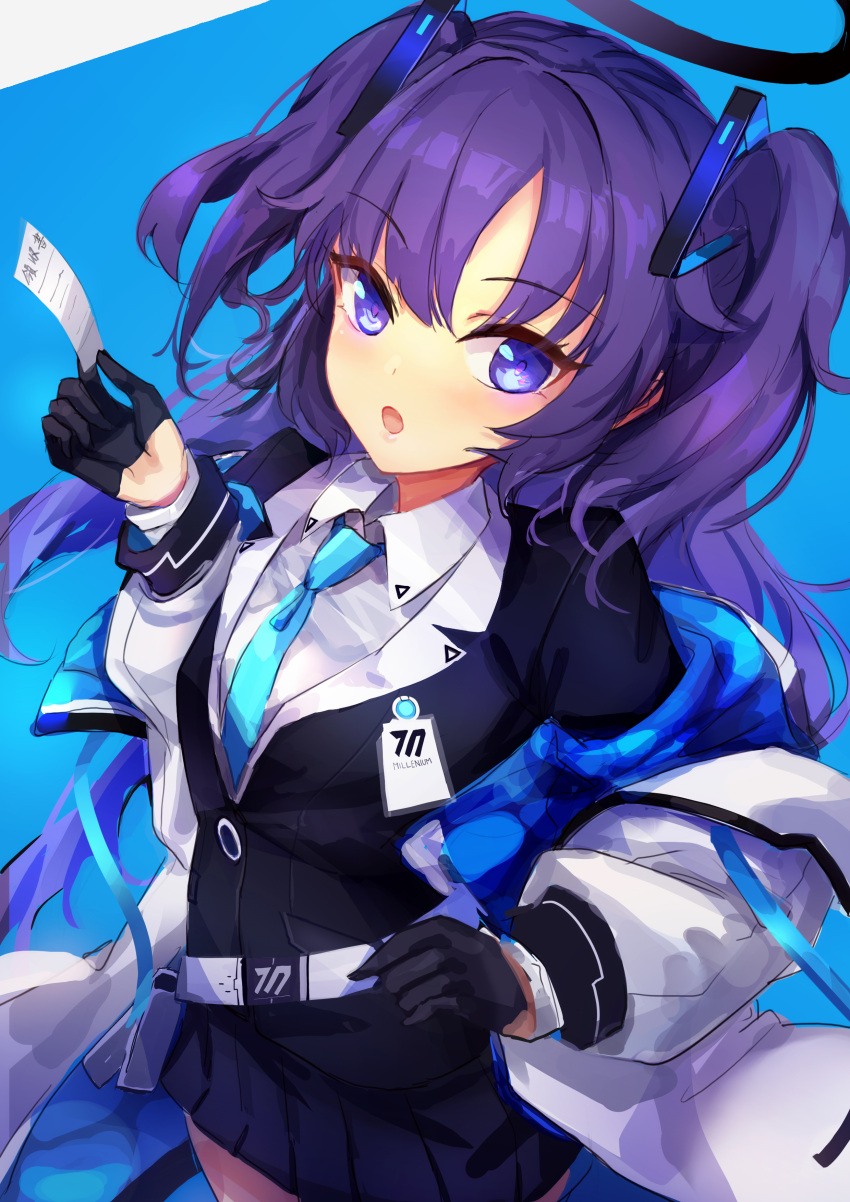 1girl absurdres belt blue_archive blue_background gloves hair_ornament halo highres id_card jacket long_hair looking_at_viewer necktie open_mouth purple_hair school_uniform simple_background solo ticket trrcmb twintails two_side_up violet_eyes yuuka_(blue_archive)