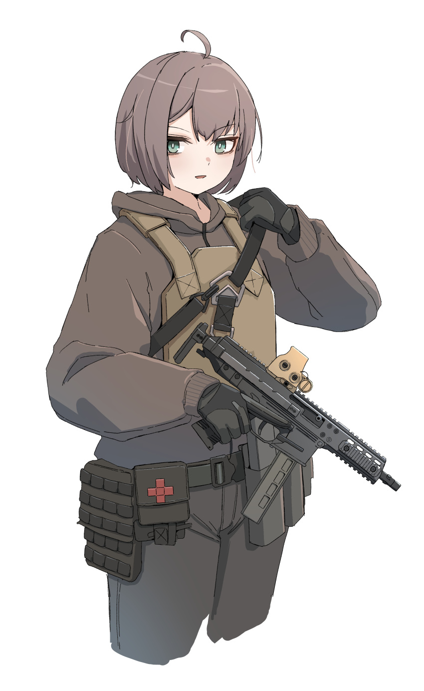 1girl absurdres ahoge black_gloves black_pants brown_hair brown_hoodie commentary cropped_legs gloves green_eyes gun hand_up highres holding holding_gun holding_weapon hood hood_down hoodie looking_at_viewer okapi_(yomaigoto) original pants parted_lips simple_background smile solo trigger_discipline weapon weapon_request white_background
