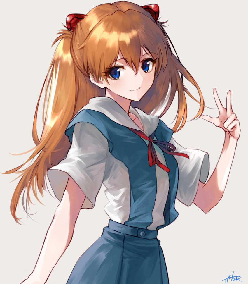 1girl bangs blue_eyes blue_skirt blue_vest brown_hair closed_mouth commentary_request cowboy_shot eyebrows_visible_through_hair grey_background hair_ornament hand_up highres jazztaki long_hair looking_at_viewer neck_ribbon neon_genesis_evangelion red_neckwear red_ribbon ribbon school_uniform shirt short_sleeves signature simple_background skirt smile solo souryuu_asuka_langley two_side_up v vest white_shirt