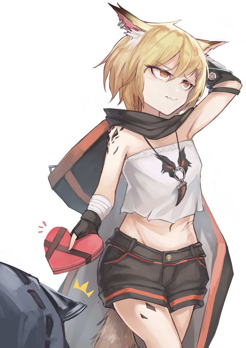 1girl 1other absurdres animal_ears arknights arm_up ashitaka_(ask) bangs bare_shoulders black_gloves black_shorts blonde_hair brown_eyes commentary cowboy_shot crop_top doctor_(arknights) fox_ears fox_tail gloves hair_between_eyes head_tilt heart highres holding holding_heart jewelry midriff navel oripathy_lesion_(arknights) pendant short_hair shorts simple_background standing stomach strapless tail tubetop vermeil_(arknights) wavy_mouth white_background