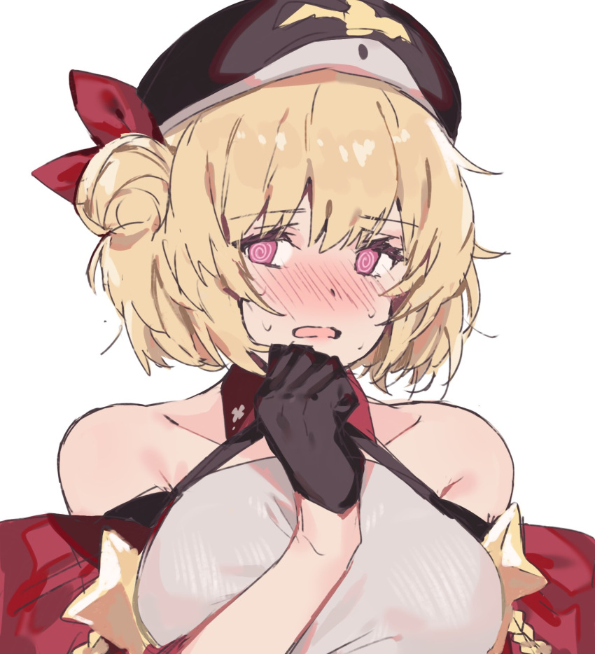 1girl aogisa bare_shoulders beret black_gloves blonde_hair blush breasts character_request copyright_request eyebrows_visible_through_hair gloves hair_ornament hair_ribbon hand_up hat highres looking_at_viewer medium_hair open_mouth red_ribbon ribbon single_glove solo sweatdrop violet_eyes white_background