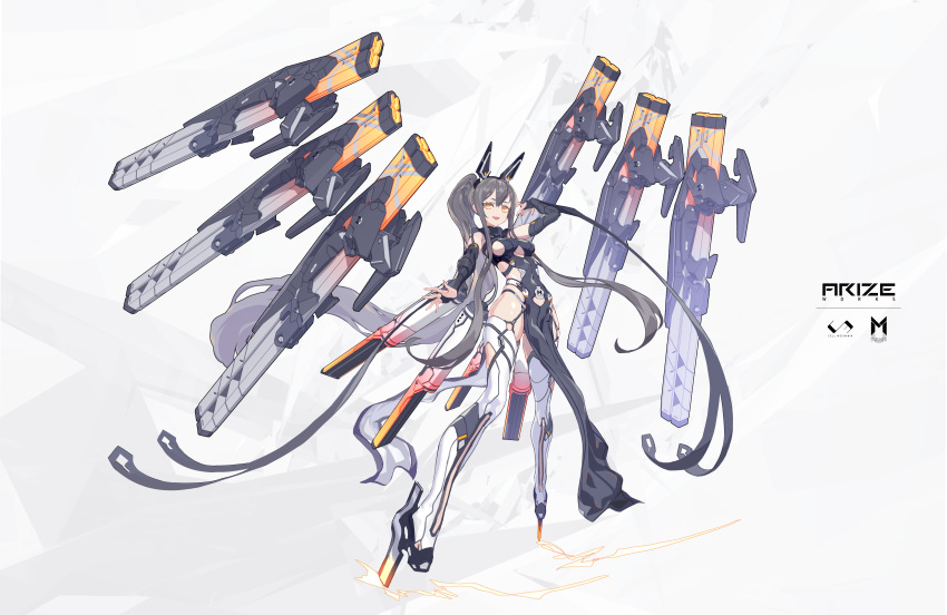 1girl :d absurdres arm_up bare_shoulders black_dress boots breasts bridal_gauntlets cancell clothing_cutout covered_navel dress full_body grey_hair headgear highres long_hair looking_at_viewer mecha_musume mechanical_wings medium_breasts open_mouth orange_eyes original pelvic_curtain ponytail revealing_clothes side_cutout sideboob sidelocks simple_background sleeveless sleeveless_dress smile solo stomach_cutout thigh-highs thigh_boots thighs under_boob underboob_cutout very_long_hair white_background white_footwear wings