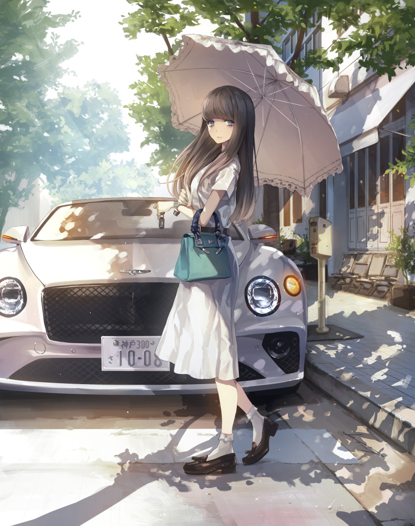 1girl absurdres aqua_nails bag bangs belt belt_buckle bentley bentley_continental_gt black_belt black_footwear blue_bag blue_eyes blunt_bangs brown_hair buckle car closed_mouth commentary day dress eyelashes frilled_legwear from_side full_body ground_vehicle handbag highres holding holding_key holding_umbrella key koh_(minagi_kou) light_rays loafers long_dress long_hair looking_at_viewer looking_to_the_side motor_vehicle nail_polish original outdoors parasol revision shadow shoes short_sleeves sidewalk signature socks standing sunbeam sunlight tree umbrella vehicle_focus watch watch white_dress white_legwear white_umbrella