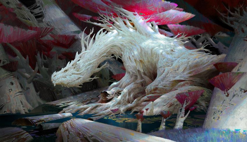 absurdres colored_skin corpse dragon dragon_horns fantasy forest highres horns monster nature no_humans original overgrown plant roots scales scenery solo tree white_skin ya_lun