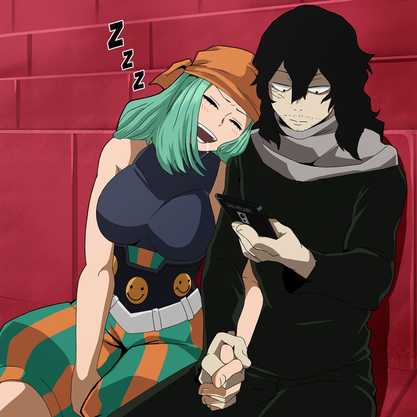 1boy 1girl aizawa_shouta bare_shoulders belt black_hair blush boku_no_hero_academia breasts closed_eyes controller dailykrumbs facial_hair fukukado_emi green_hair hat hetero highres holding_hands large_breasts leaning_on_person long_hair medium_hair official_style open_mouth pants phone saliva scarf sitting sleeping sleeping_upright smile stubble teeth white_belt zzz