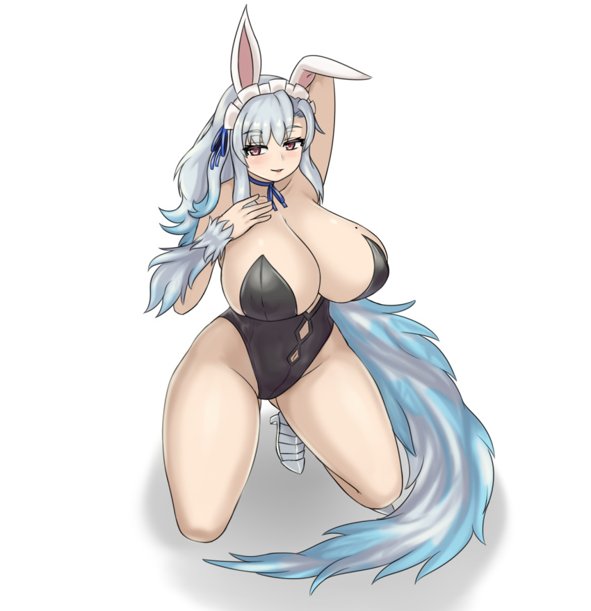 1girl animal_ears arm_behind_head arm_up ass_visible_through_thighs bangs bare_shoulders black_legwear black_leotard blue_hair blue_neckwear blue_ribbon borrowed_character breasts collarbone commentary commission english_commentary eyebrows_visible_through_hair gradient_hair grey_hair hand_on_own_chest high_heels highres huge_breasts kikimora_(monster_girl_encyclopedia) leotard long_hair looking_at_viewer maid_headdress mole mole_on_breast monster_girl monster_girl_encyclopedia multicolored_hair nav navel neck_ribbon original pantyhose pink_eyes rabbit_ears ribbon simple_background solo tail white_background