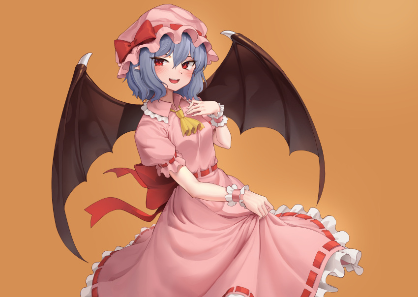 1girl :d absurdres ascot bangs bat_wings blue_hair bow brown_background brown_wings commentary_request dress eyebrows_behind_hair frilled_dress frills goback hair_between_eyes hand_up hat hat_bow highres looking_at_viewer mob_cap pink_dress pink_headwear pointy_ears puffy_short_sleeves puffy_sleeves red_bow red_eyes remilia_scarlet ribbon-trimmed_dress short_sleeves simple_background smile solo teeth touhou upper_teeth wings wrist_cuffs yellow_neckwear