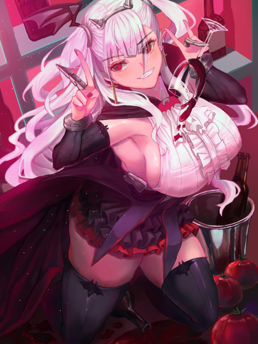 1girl alcohol bangs breasts cape cross cross_earrings cup draculina_(last_origin) drinking_glass earrings eyebrows_visible_through_hair fake_horns grin highres horns jewelry large_breasts last_origin looking_to_the_side mochigana red_eyes ribbed_shirt shirt sideboob silver_hair smile solo thigh-highs two-tone_cape two_side_up v vampire wine wine_glass wing_hair_ornament