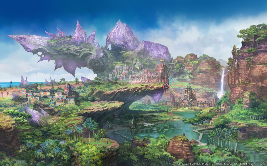 building day final_fantasy final_fantasy_xiv forest highres horizon nature no_humans official_art river scenery square_enix water waterfall watermark