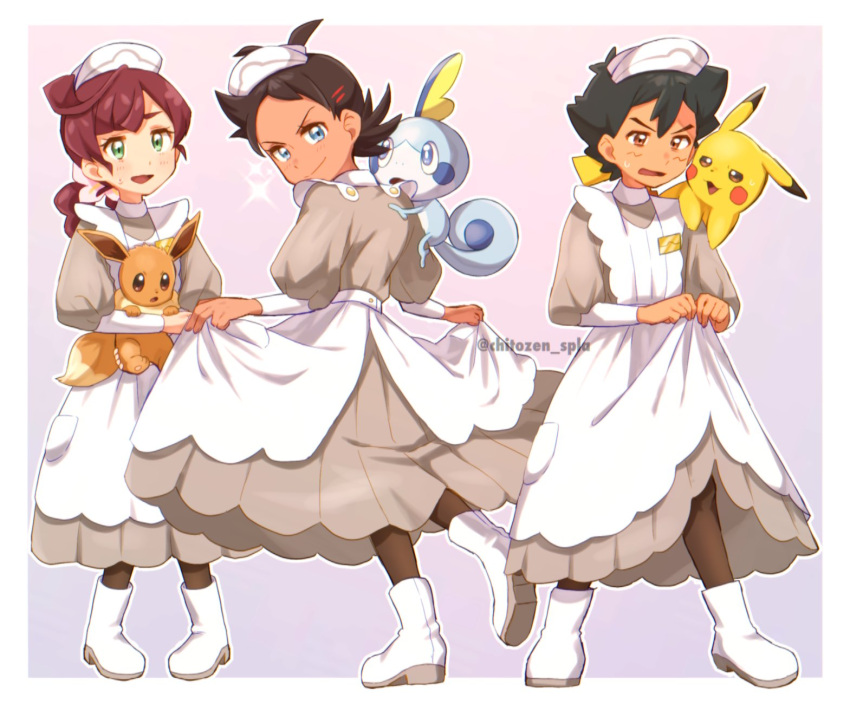 artist_name ash_ketchum black_hair blue_eyes blush boots brown_eyes brown_legwear chitozen_(pri_zen) chloe_(pokemon) closed_mouth crossdressinging dress eevee gen_1_pokemon gen_8_pokemon goh_(pokemon) green_eyes hair_ornament hat highres long_hair long_sleeves looking_back nurse_cap open_mouth pantyhose pigeon-toed pikachu pokemon pokemon_(anime) pokemon_(creature) pokemon_swsh_(anime) smile sobble standing sweatdrop tongue watermark white_footwear