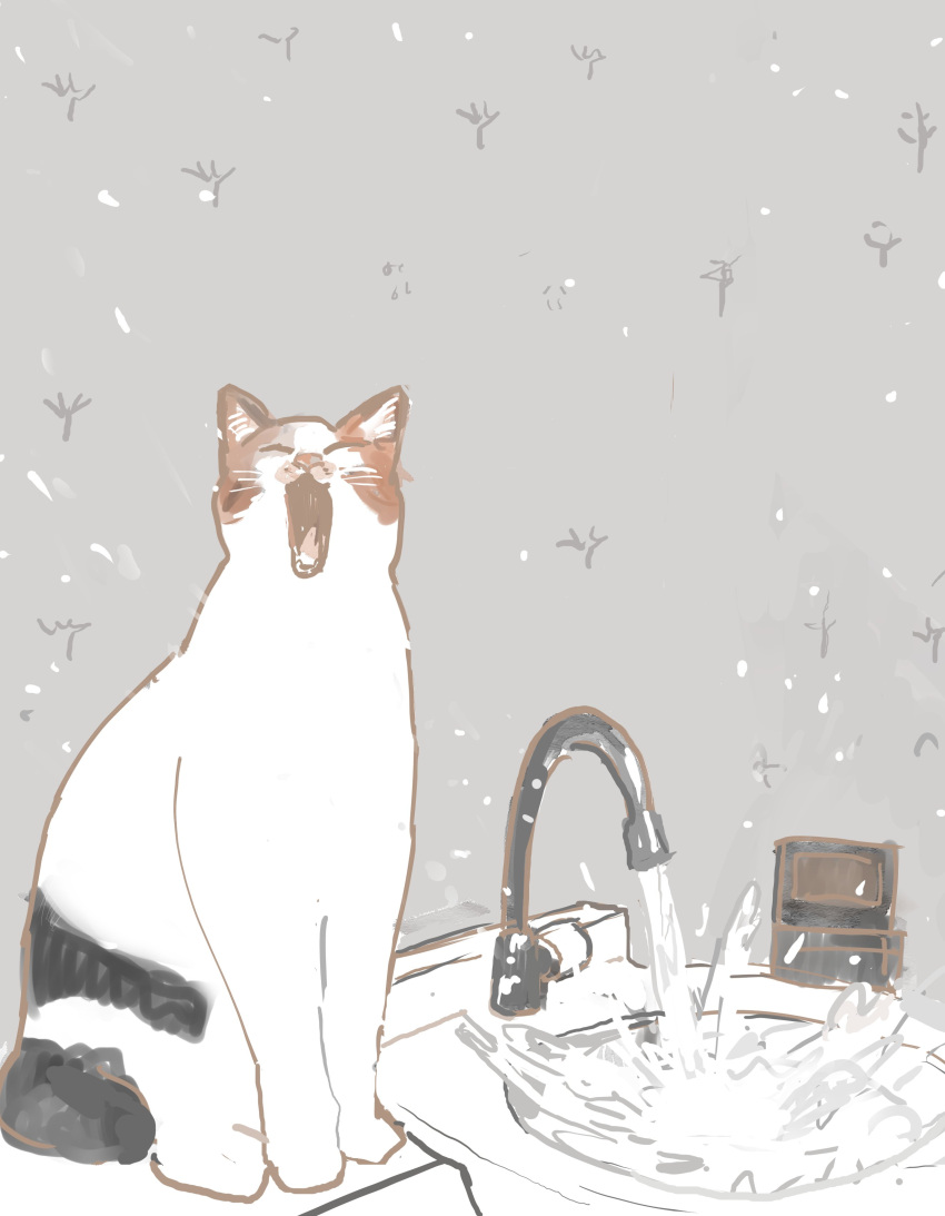 :3 absurdres animal_focus cat closed_eyes faucet full_body grey_background highres indoors no_humans open_mouth original sattou sink sitting sketch splashing water
