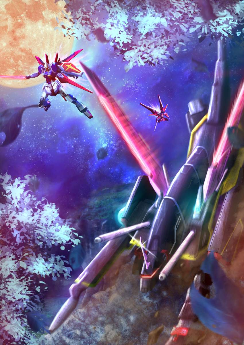 absurdres beam_saber flying gaia_gundam gun gundam gundam_seed gundam_seed_destiny highres holding holding_gun holding_sword holding_weapon horns huge_filesize impulse_gundam mecha mechanical_wings mobile_suit moon no_humans open_hand propro13 saviour_gundam science_fiction shield single_horn sword tree visor weapon wings