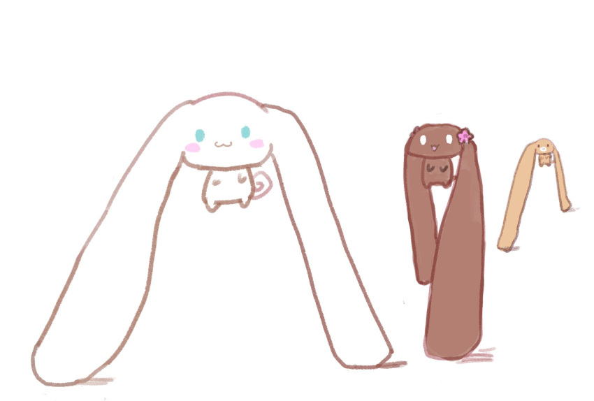 :3 animal_focus blank_eyes blue_eyes blush blush_stickers brown_eyes cappuccino_(cinnamoroll) cinnamoroll closed_mouth flower full_body hair_flower hair_ornament happy highres mocha_(cinnamoroll) no_humans open_mouth pink_flower sanrio sattou simple_background sketch smile walking white_background white_eyes