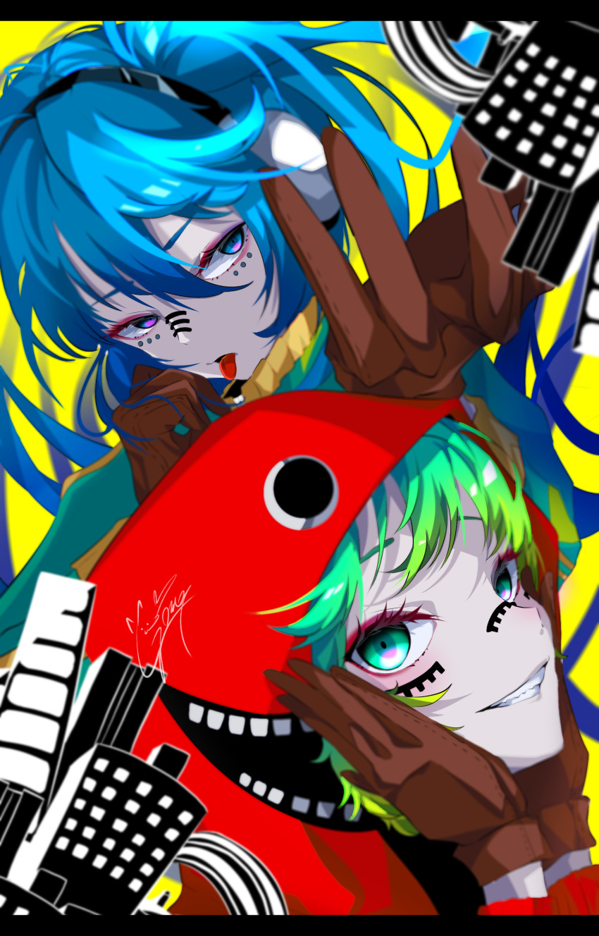 2girls absurdres blue_eyes blue_hair brown_gloves building eye_piercing gloves goma_irasuto green_eyes gumi hands_on_own_face hatsune_miku headphones highres hood hood_up hoodie looking_at_viewer looking_to_the_side matryoshka_(vocaloid) multiple_girls nose_piercing open_hand piercing red_hoodie smile tongue tongue_out twintails vocaloid
