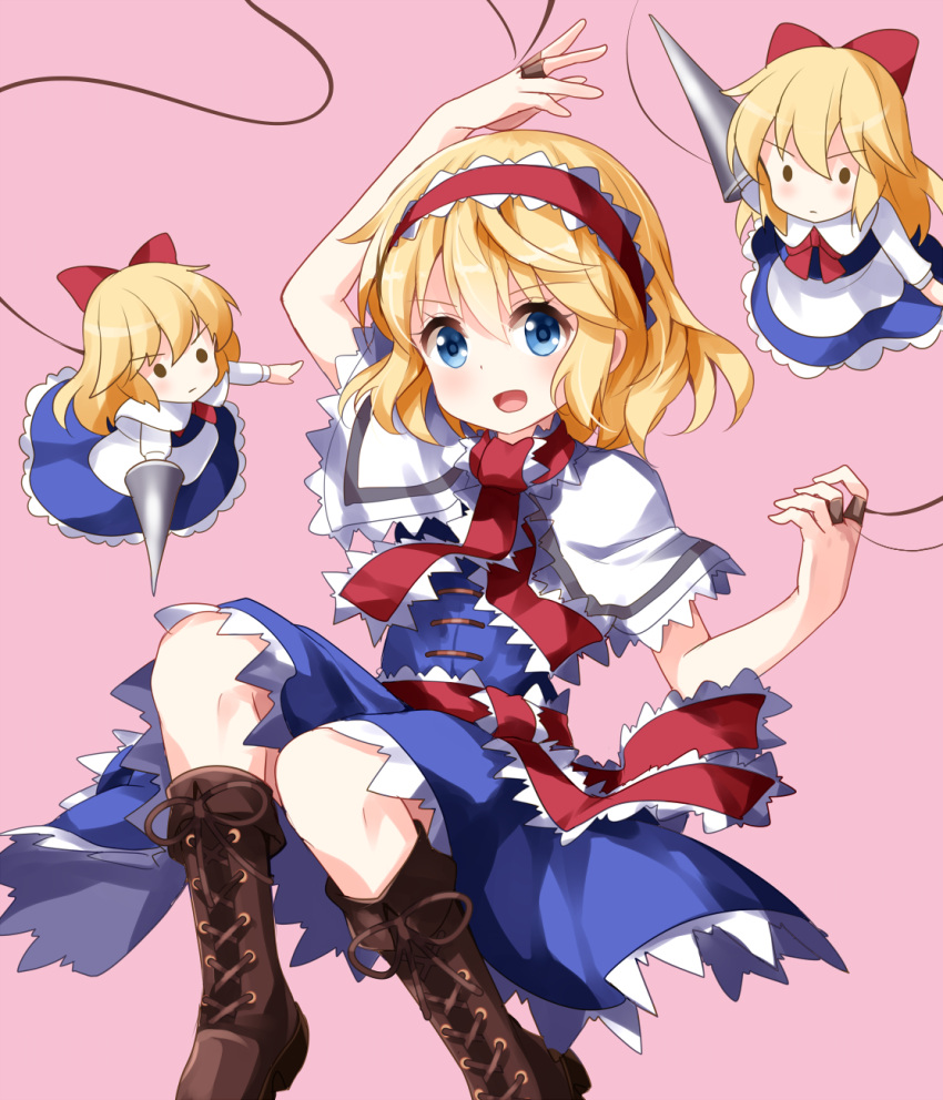 3girls alice_margatroid bangs blonde_hair blue_dress blue_eyes boots bow brown_footwear capelet cross-laced_footwear doll doll_joints dress eyebrows_visible_through_hair full_body hair_between_eyes hairband highres joints lolita_hairband looking_at_viewer multiple_girls open_mouth pink_background red_bow red_hairband red_ribbon red_scarf ribbon ruu_(tksymkw) scarf shanghai_doll short_hair simple_background smile touhou white_capelet