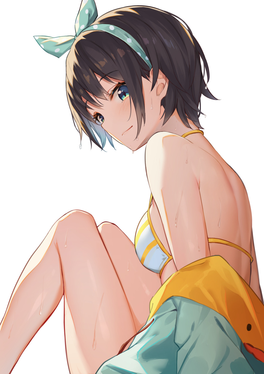 1girl absurdres aqua_eyes aqua_hairband aqua_jacket aqua_ribbon bangs bare_legs bare_shoulders bikini black_hair blush breasts closed_mouth eyebrows_visible_through_hair feet_out_of_frame from_side hair_ribbon hairband highres hololive isaya_(pixiv4541633) jacket knees_up looking_at_viewer looking_to_the_side off_shoulder oozora_subaru open_clothes open_jacket polka_dot polka_dot_hairband polka_dot_ribbon ribbon short_hair simple_background sitting small_breasts smile solo striped striped_bikini sweat swimsuit virtual_youtuber white_background white_bikini