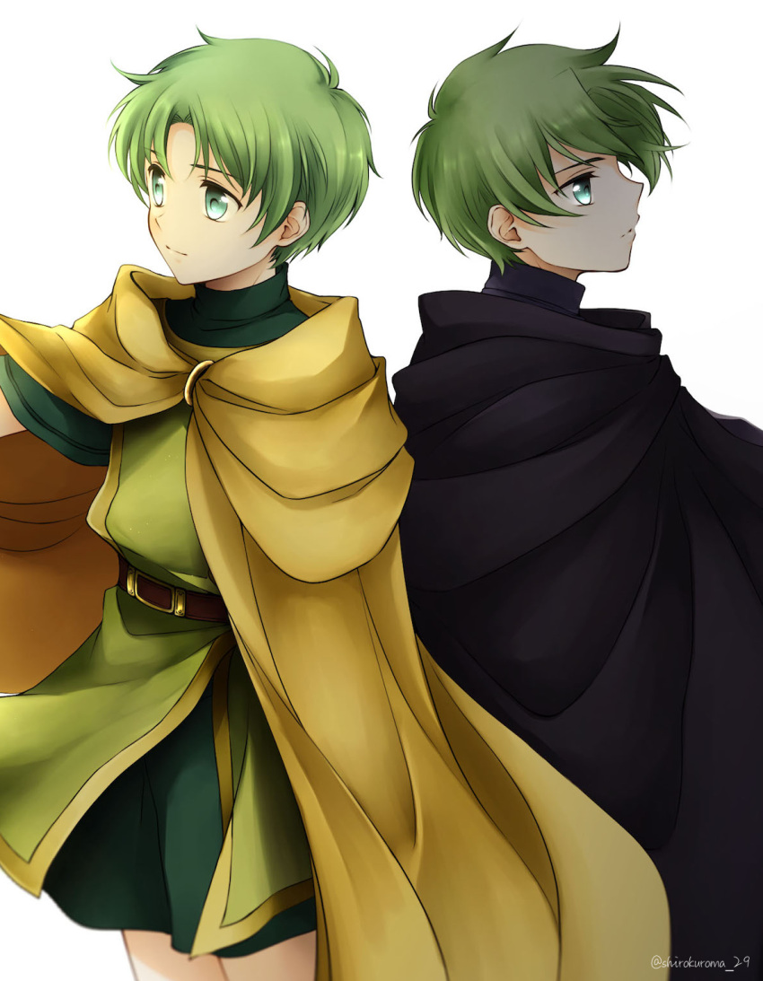 2boys back-to-back belt belt_buckle brothers buckle capelet closed_mouth fire_emblem fire_emblem:_the_binding_blade green_eyes green_hair highres looking_to_the_side lugh_(fire_emblem) multiple_boys raigh_(fire_emblem) shirokuroma_29 shorts siblings thighs twins upper_body white_background