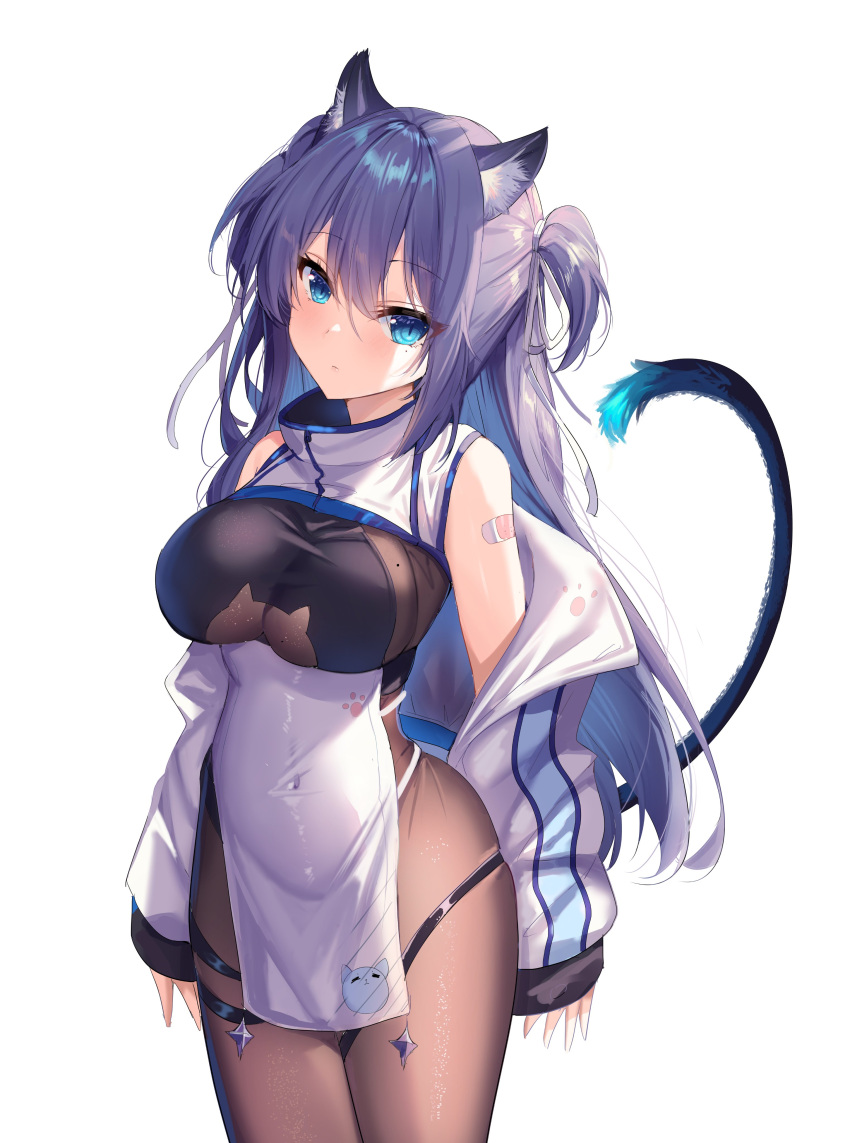 1girl absurdres animal_ears bandaid bandaid_on_shoulder blue_eyes bodystocking breasts cat_ears cat_girl cat_tail check_copyright closed_mouth clothing_cutout copyright_request covered_navel cowboy_shot gejigejier head_tilt high_collar highres jacket long_hair long_sleeves looking_at_viewer mole mole_on_breast mole_under_eye off_shoulder open_clothes open_jacket original pelvic_curtain purple_hair revealing_clothes shrug_(clothing) simple_background skindentation sleeveless solo standing tail thigh_strap thighs two_side_up underboob_cutout white_background white_jacket