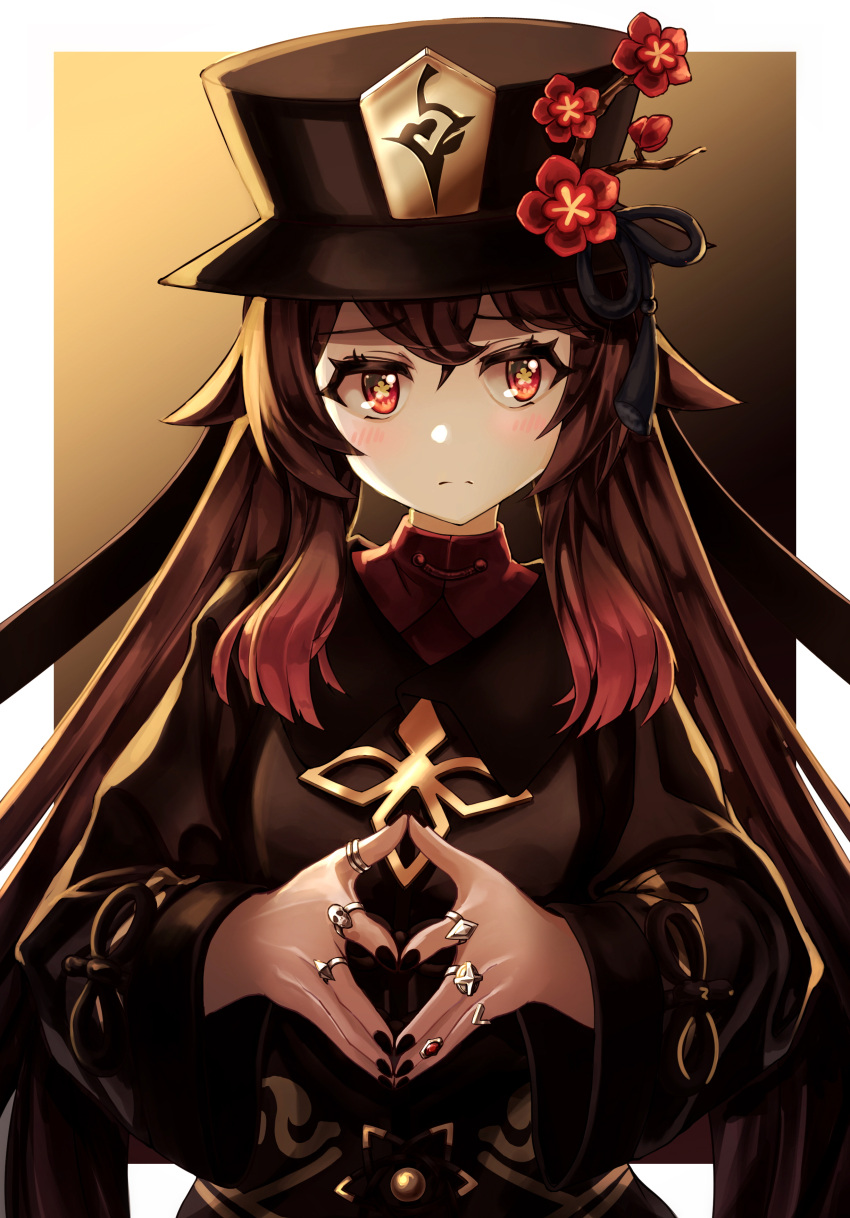 1girl absurdres black_headwear black_nails blush brown_hair fingers flower genshin_impact half-closed_eyes hat highres hu_tao jewelry kkr3551 long_hair long_sleeves looking_to_the_side low_twintails multicolored_hair nail_polish red_eyes redhead ring symbol-shaped_pupils top_hat twintails two-tone_hair very_long_hair