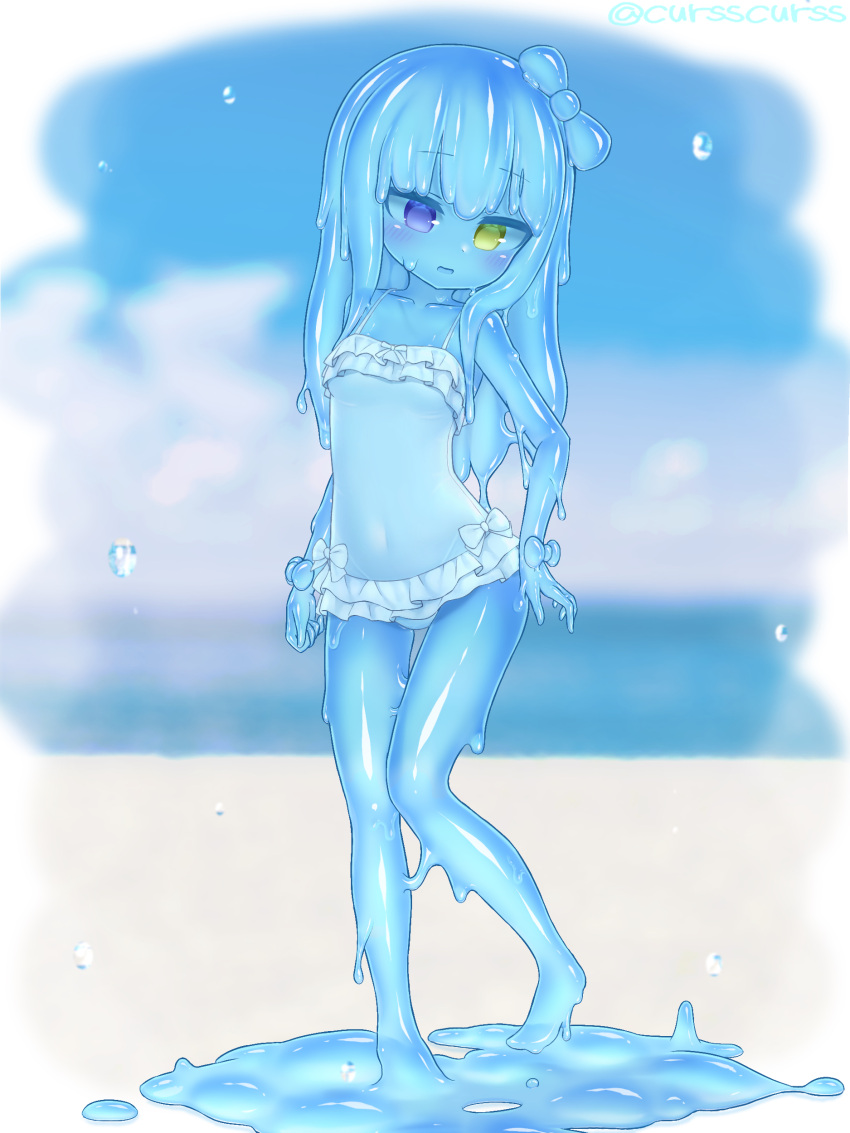 1girl absurdres bare_arms bare_legs bare_shoulders barefoot blue_hair blue_sclera blue_skin blurry blurry_background blush bow breasts colored_sclera colored_skin contrapposto curss depth_of_field frilled_swimsuit frills full_body green_eyes hair_bow head_tilt heterochromia highres long_hair monster_girl navel one-piece_swimsuit original parted_lips slime_girl small_breasts solo standing swimsuit thigh_gap violet_eyes white_bow white_swimsuit wrist_bow