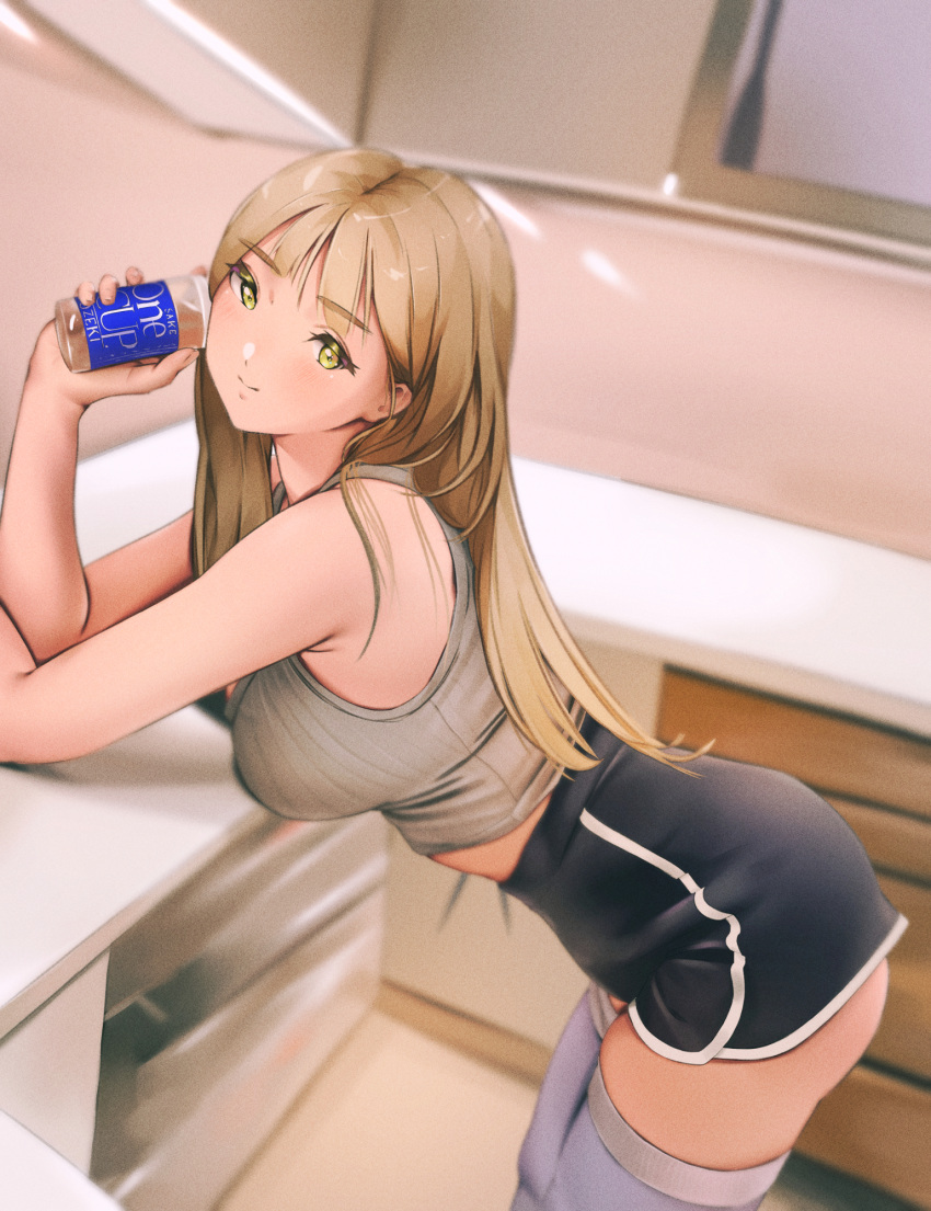 1girl arm_rest ass black_shorts blonde_hair breasts cabinet counter dolphin_shorts drawer drink eyebrows_visible_through_hair grayfox green_eyes grey_tank_top highres holding holding_drink indoors large_breasts leaning long_hair looking_at_viewer original photo-referenced purple_legwear shorts sleeveless smile tank_top thigh-highs thighs