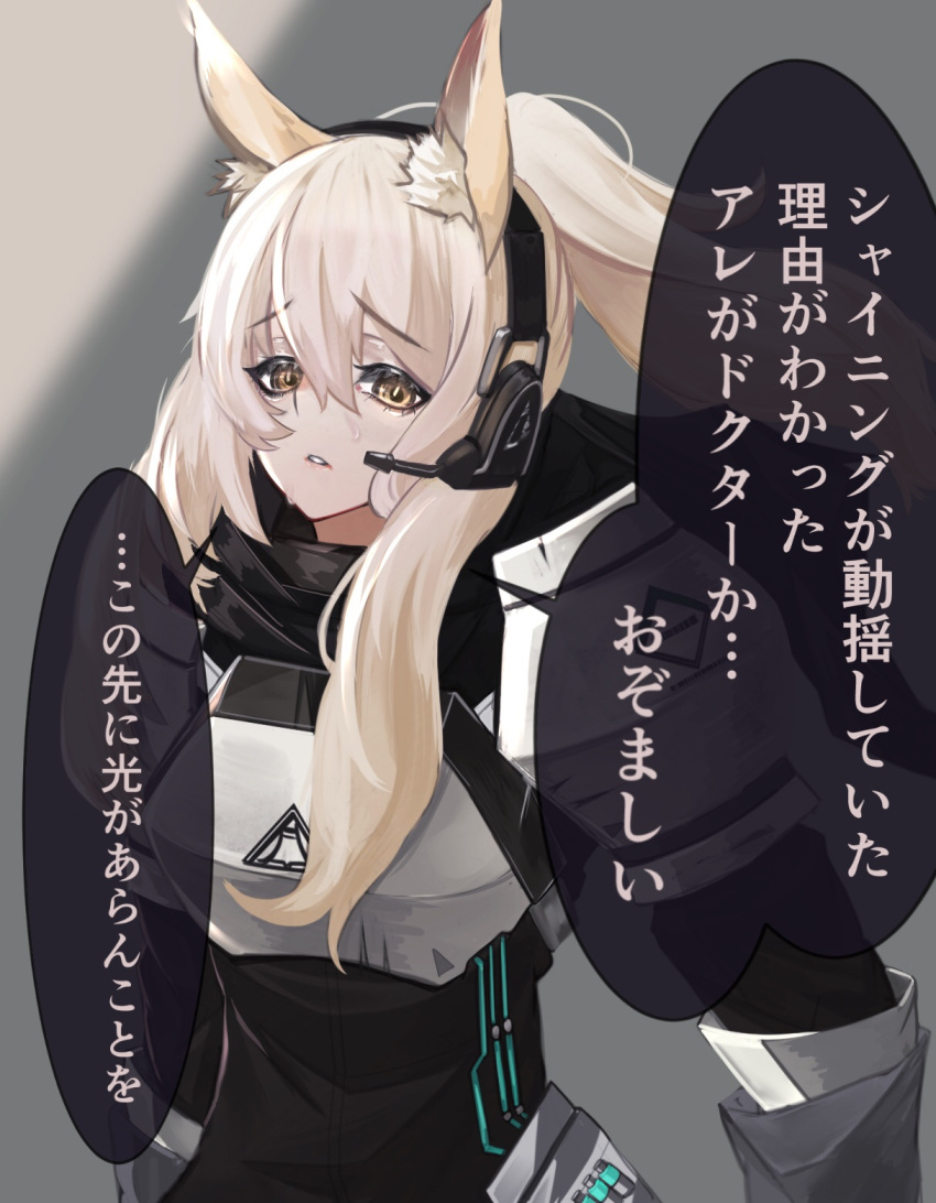 1girl animal_ears arknights armor breastplate highres horse_ears horse_girl kava181 looking_at_viewer nearl_(arknights) platinum_blonde_hair shoulder_armor solo translation_request