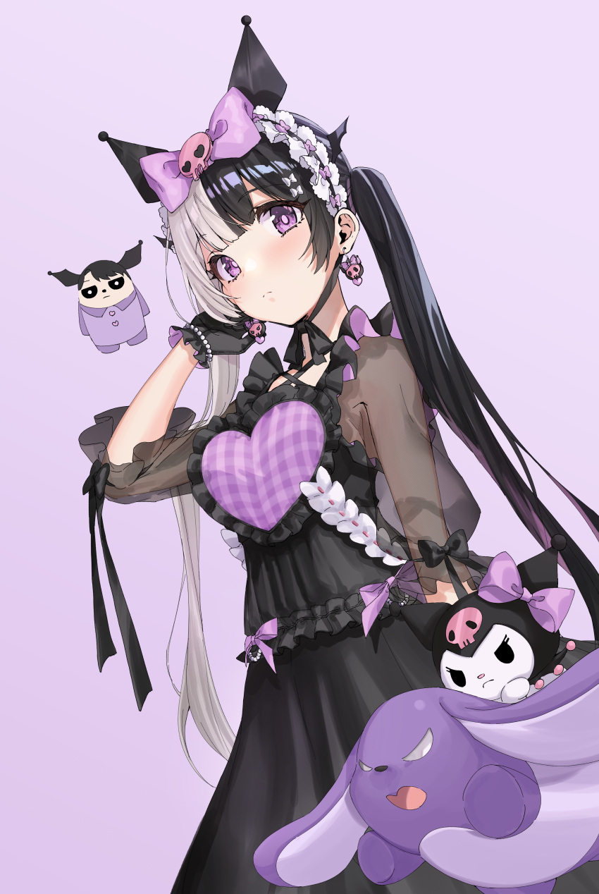 1girl absurdres black_dress black_gloves black_hair blush bow bright_pupils chungu closed_mouth creature dress dutch_angle earrings gloves hair_bow hair_ornament hand_in_hair highres jewelry kuromi long_dress long_hair looking_at_viewer multicolored_hair onegai_my_melody original purple_background purple_bow purple_theme see-through_sleeves simple_background skull_earrings skull_hair_ornament solo symbol_commentary twintails two-tone_hair violet_eyes white_hair