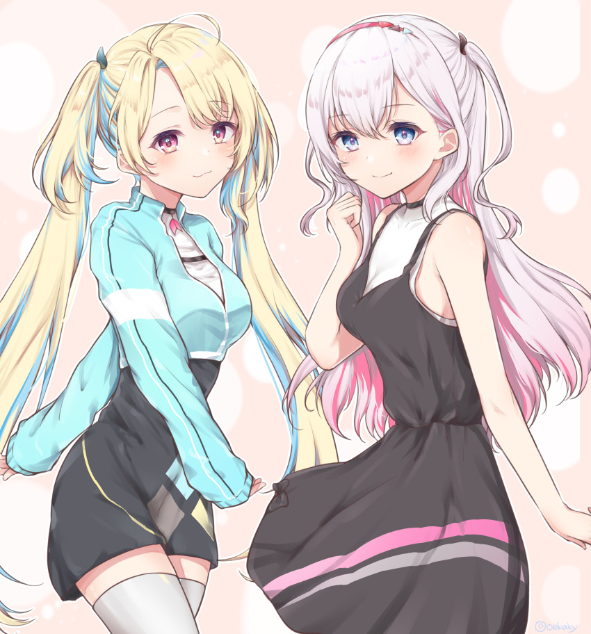 2girls :3 absurdres ahoge avatar_2.0_project bangs bare_shoulders black_dress blonde_hair blue_eyes blue_hair blush breasts closed_mouth dress eyebrows_visible_through_hair hair_between_eyes hairband hand_up highres jacket long_hair long_sleeves looking_at_viewer medium_breasts minase_shia multicolored_hair multiple_girls musubime_yui pink_eyes pink_hair sidelocks silver_hair sleeveless sleeveless_dress smile thigh-highs twintails two-tone_hair two_side_up very_long_hair virtual_youtuber white_legwear zky_(oekaky)