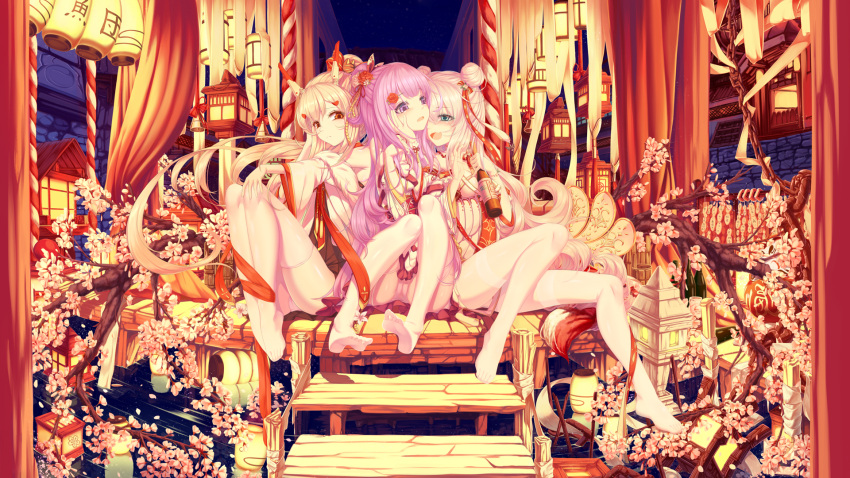 3girls azur_lane bare_shoulders blonde_hair blue_eyes character_request cherry_blossoms cup double_bun drink drinking_glass eyebrows_visible_through_hair fang flower hair_flower hair_ornament hand_on_own_knee hands_up highres knees_up legs looking_at_another looking_at_viewer multiple_girls off_shoulder open_mouth panties pantyshot parted_lips purple_hair red_eyes seelehan sitting skin_fang soles stairs thigh-highs underwear violet_eyes white_hair white_legwear white_panties