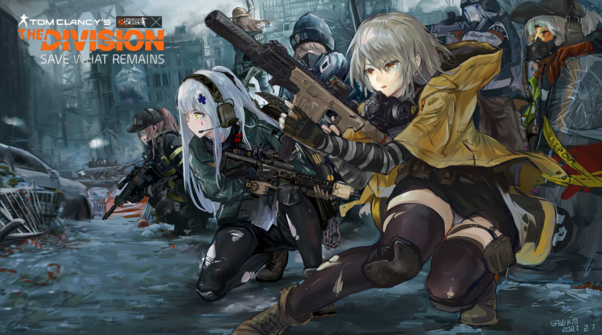 6+girls agent_416_(girls_frontline) agent_vector_(girls_frontline) assault_rifle baseball_cap crossover english_text fang_hk416_(girls_frontline) gas_mask girls_frontline gun h&amp;k_hk416 hat hellfire_vector_(girls_frontline) highres hk416_(girls_frontline) kriss_vector multiple_girls rifle riot_shield sawkm1 shotgun st_ar-15_(girls_frontline) submachine_gun tactical_clothes tom_clancy's_the_division torn_clothes torn_legwear vector_(girls_frontline) weapon
