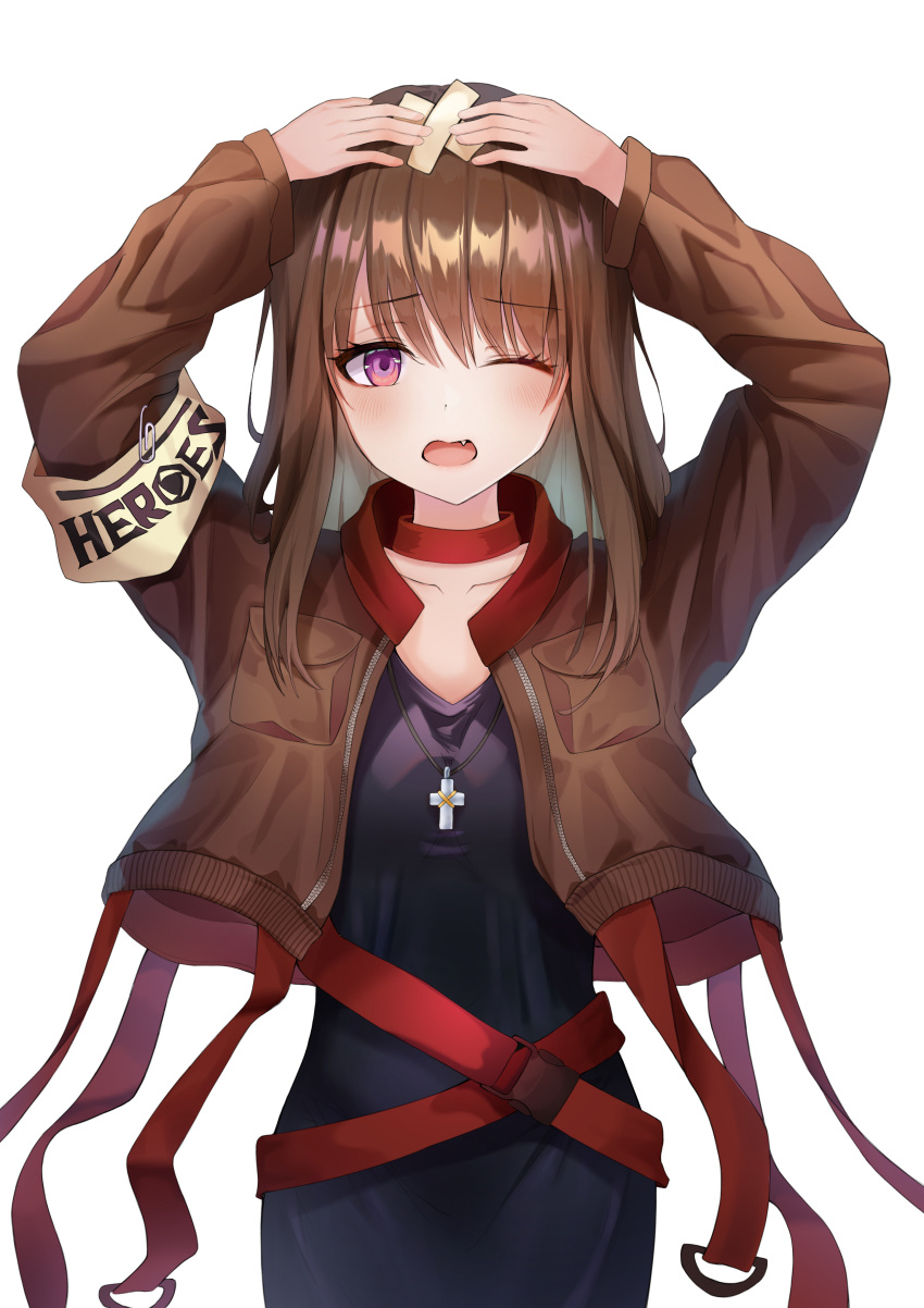 1girl absurdres aid! arms_up bangs black_dress blush breasts brown_hair collarbone dress eyebrows_visible_through_hair fang hand_on_head highres jewelry looking_at_viewer necklace one_eye_closed open_mouth original simple_background small_breasts solo violet_eyes white_background