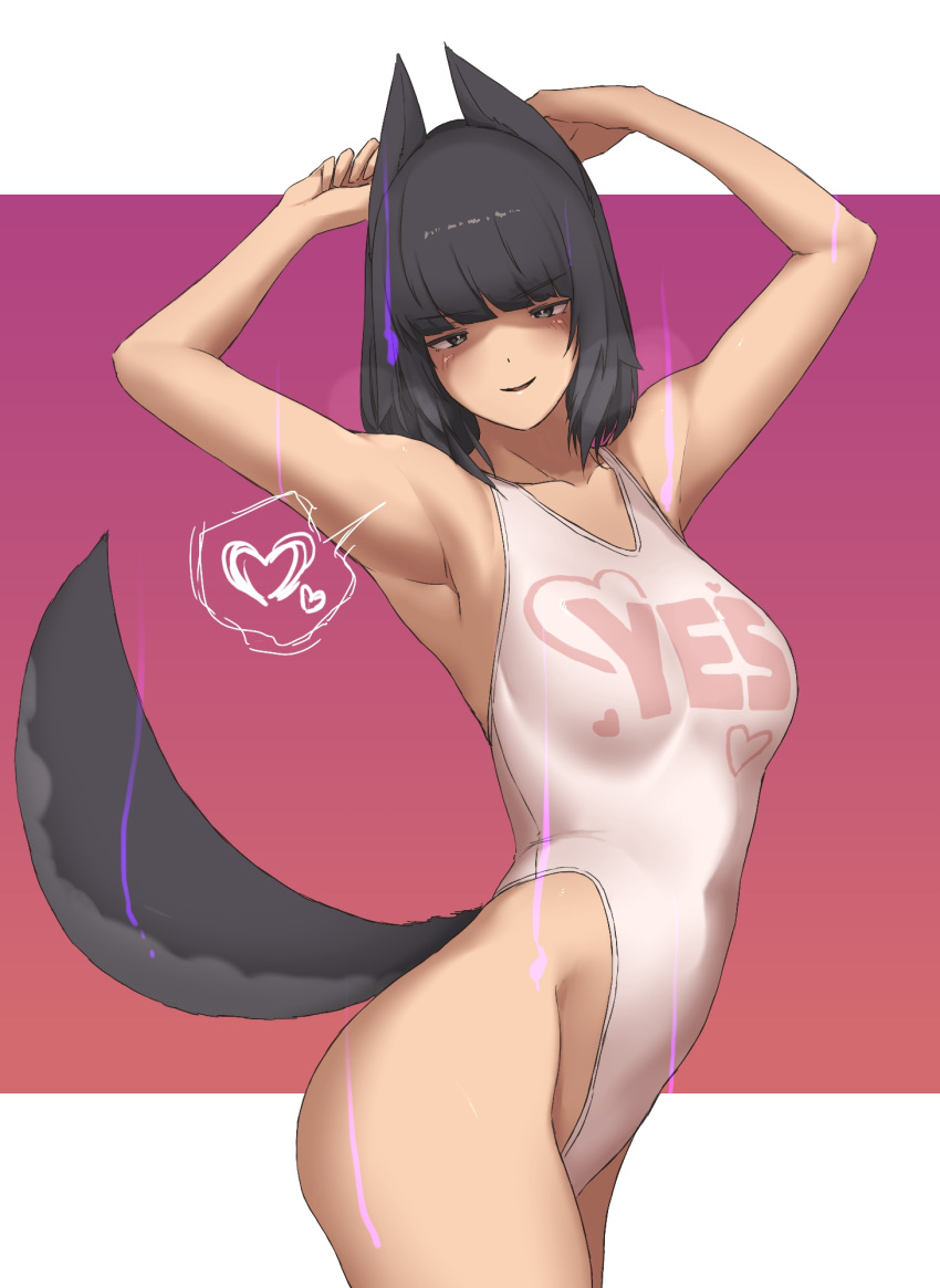animal_ears armpits arms_up bangs black_eyes black_hair blunt_bants breasts covered_navel eyebrows_visible_through_hair heart highres looking_at_viewer one-piece_swimsuit open_mouth original shaded_face small_breasts spoken_heart swimsuit swimwear tail twisted_torso xyv_1