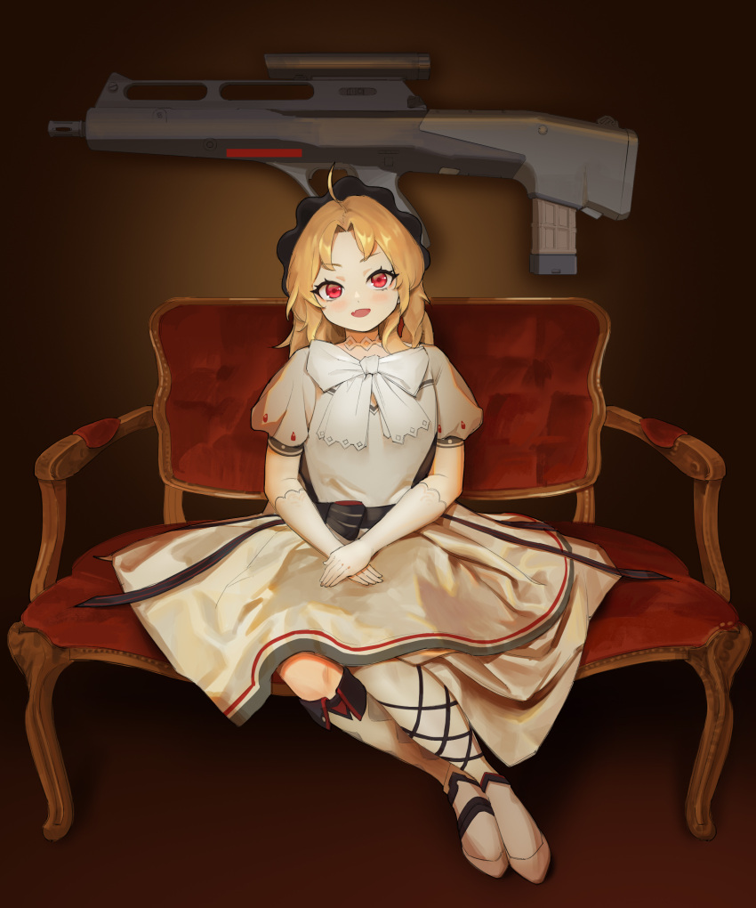 1girl absurdres ahoge assault_rifle black_headwear blonde_hair brown_background bullpup couch dress elbow_gloves full_body girls_frontline gloves gun hands_on_lap headdress highres indoors kneehighs long_hair looking_at_viewer on_couch open_mouth red_eyes rifle rocher-hd s-acr_(girls'_frontline) short_sleeves sitting smile solo steyr_acr symbol-only_commentary weapon white_dress white_footwear white_gloves white_legwear