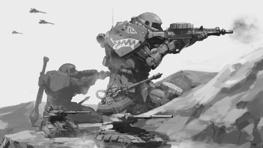 aircraft airplane fighter_jet from_side greyscale ground_vehicle gun gundam holding holding_gun holding_weapon holstered_weapon inawata jet mecha military military_vehicle mobile_suit_gundam monochrome motor_vehicle no_humans science_fiction tank tank_turret weapon zaku zeon